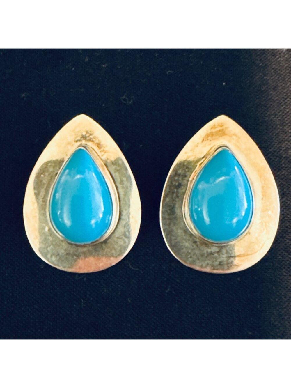 Sterling Silver 925 Turquoise Teardrop Bezel Set Stud Earrings 1" Length